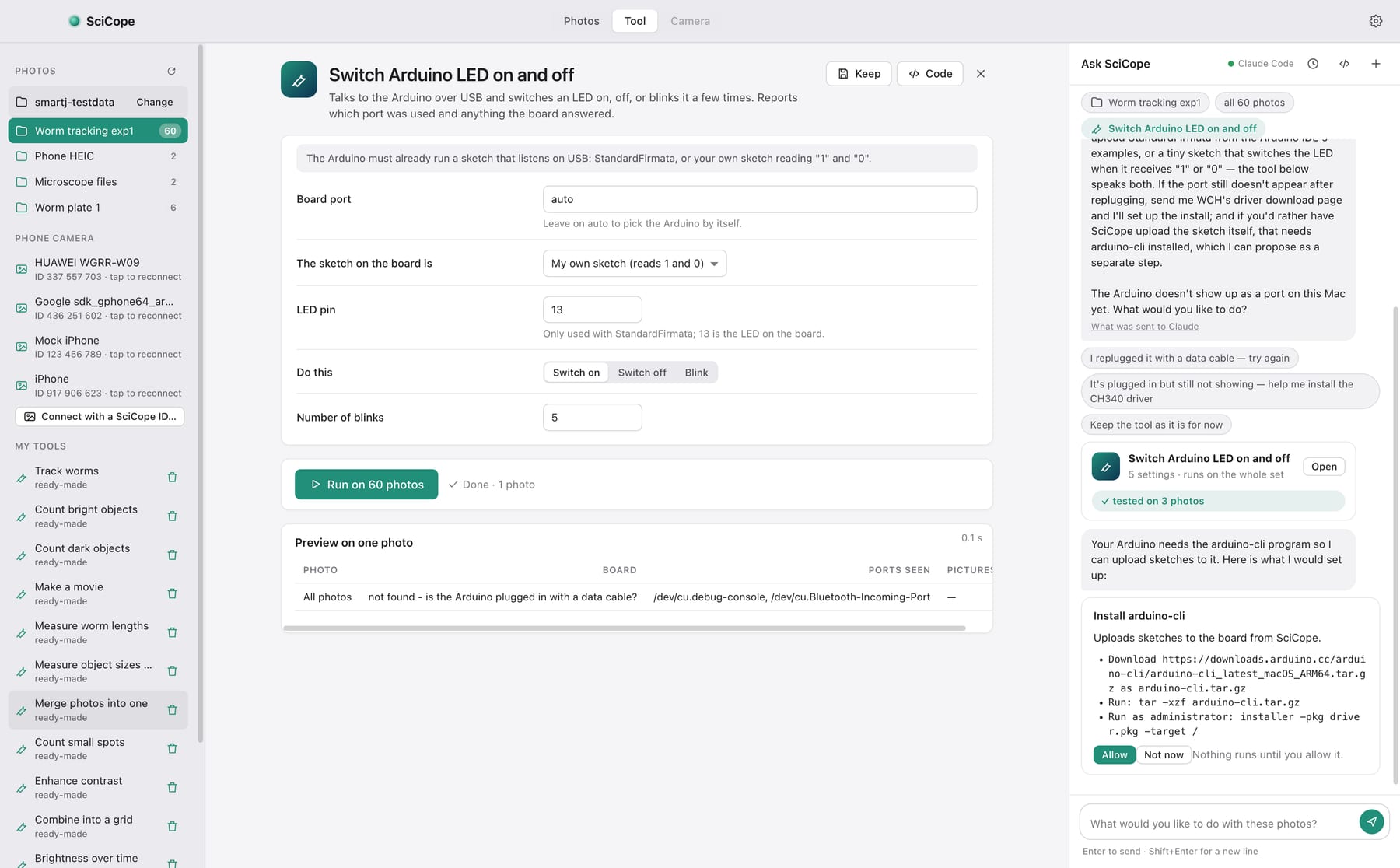 The Tool view of the desktop app: a tool named “Switch Arduino LED on and off” with a form of five settings, a Run button, a preview table, and the assistant conversation on the right offering to install a helper program.
